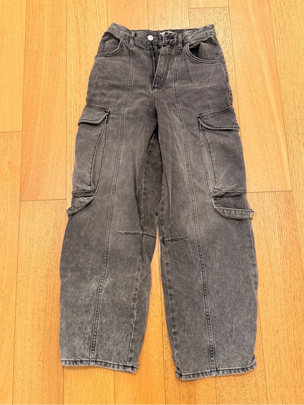 Sandro Faded Black Cargo Jeans Utility Pants 100% Cotton Denim Size 24